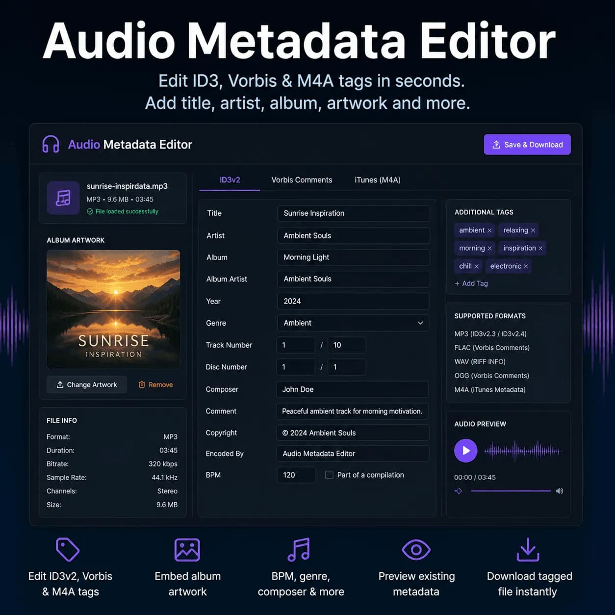 Audio metadata editor interface showing ID3v2 tag fields for MP3, FLAC and WAV files — title, artist, album, genre, BPM, copyright and embedded album artwork written by the Exif Injector audio metadata editor - Exif Injector EXIF tools, image metadata and SEO keywords