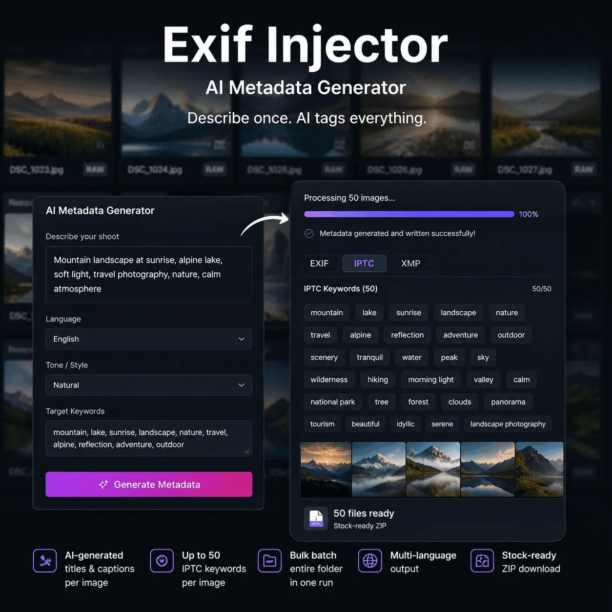 Photographer batch processing 50 images with AI Exif Injector writing IPTC keywords, XMP titles and EXIF copyright fields into stock-ready JPEG files for Shutterstock and Adobe Stock - Exif Injector EXIF tools, image metadata and SEO keywords