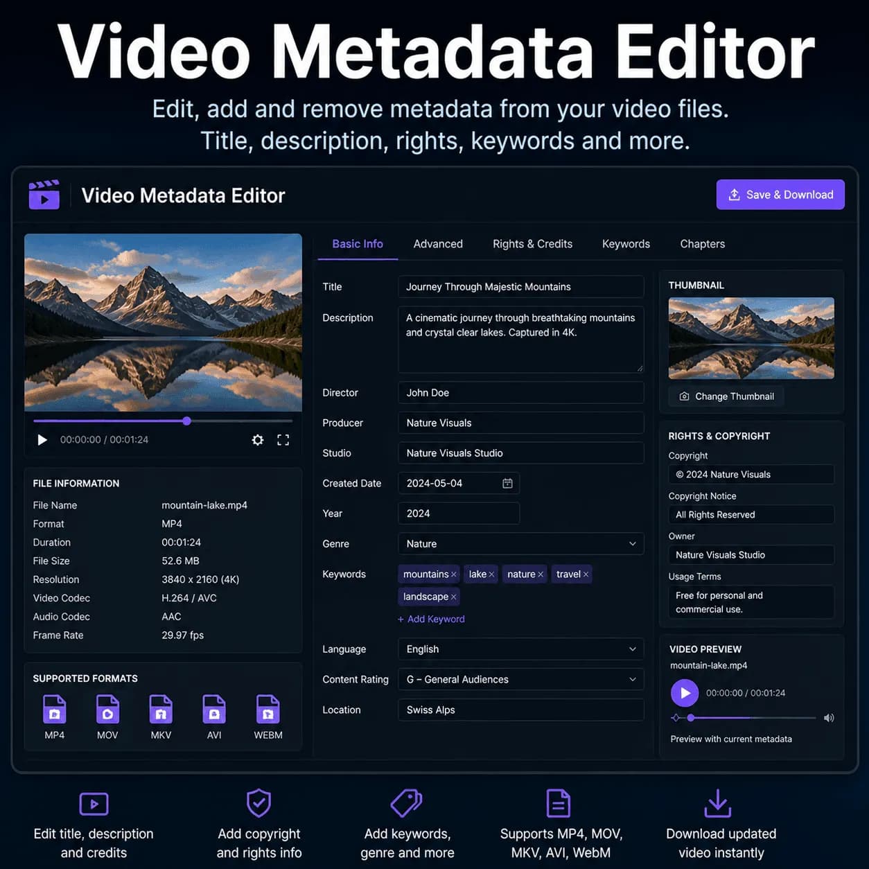 Video metadata editor interface showing MP4 and MOV atom fields — title, description, director, copyright, content rating and keywords embedded into MKV, AVI and WebM video files via the Exif Injector video metadata editor - Exif Injector EXIF tools, image metadata and SEO keywords