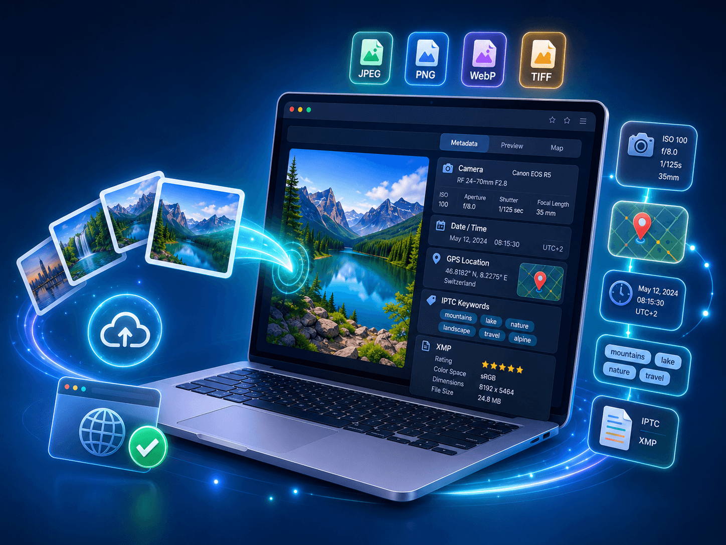 Visionneuse EXIF affichant les métadonnées d'une image sur un ordinateur portable